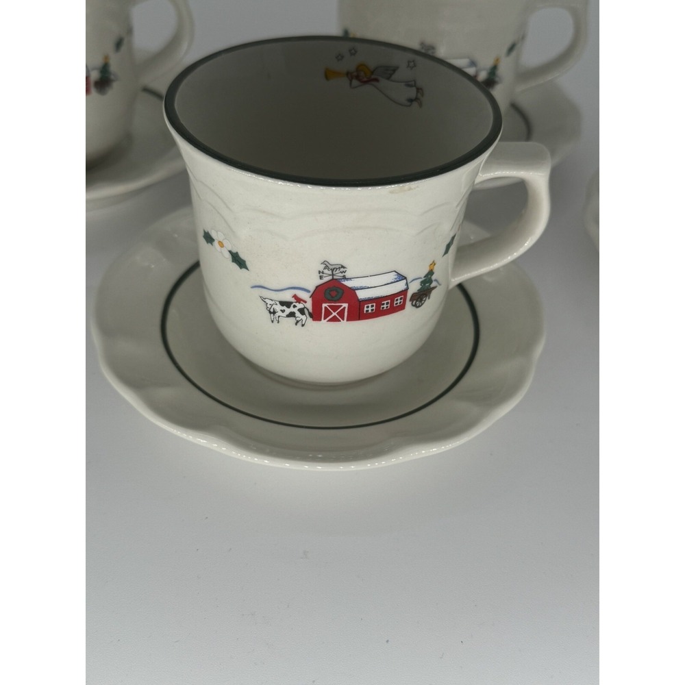 Pfaltzgraff Snow Village Lot of 4 Saucers and Cups, Used Excellent Condition